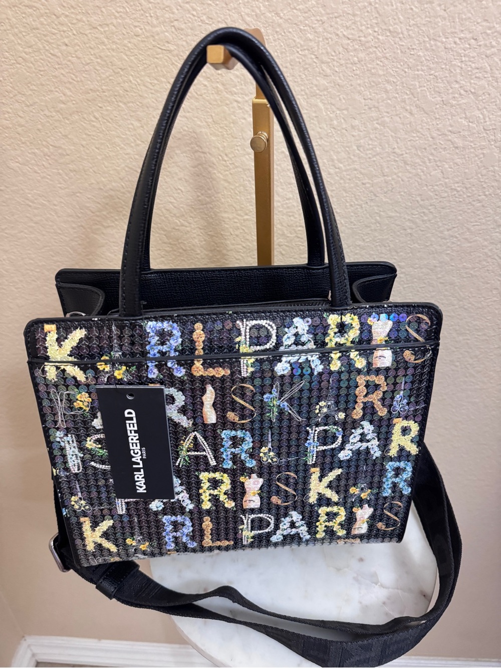Karl Lagerfeld Maybelle Fashion sewing print sequins crossbody satchel black bag